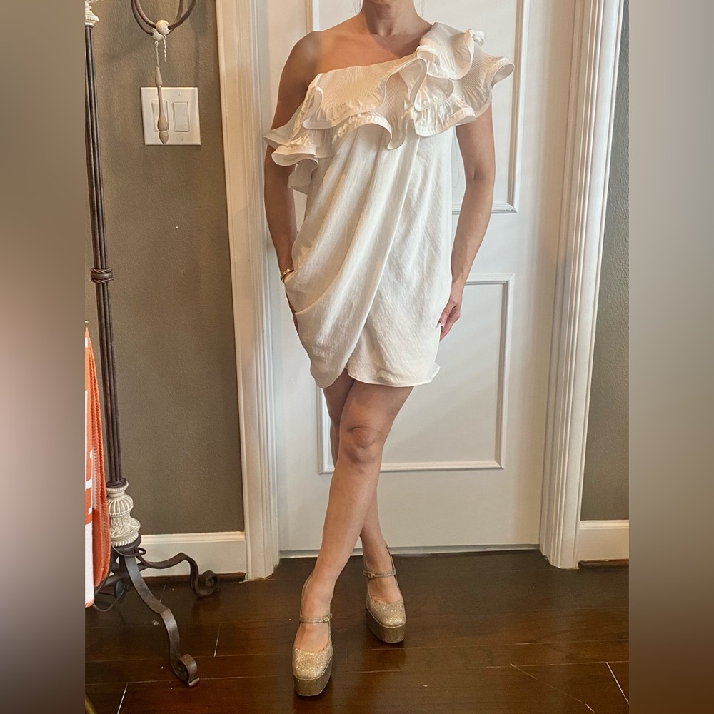 BCBG White One Shoulder Puff Dress